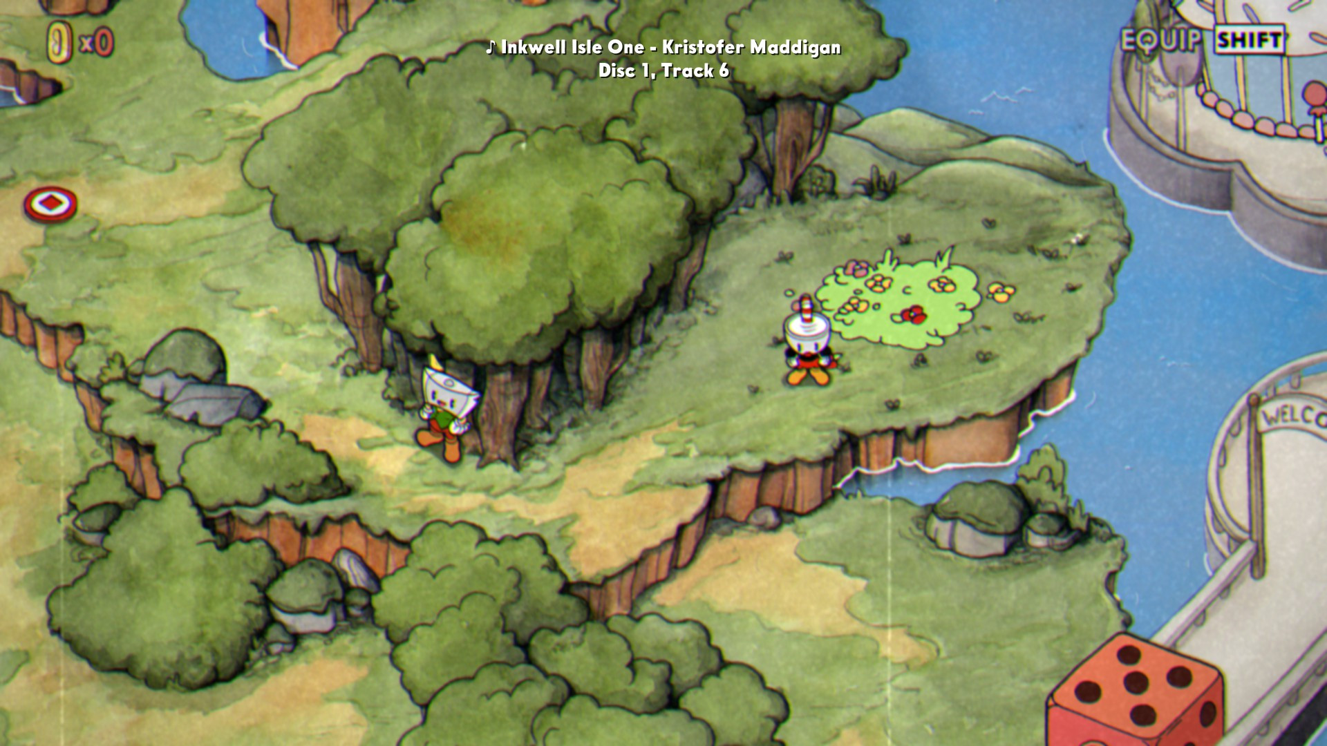 Cuphead BGM Information overlay on the World Map 1 screen