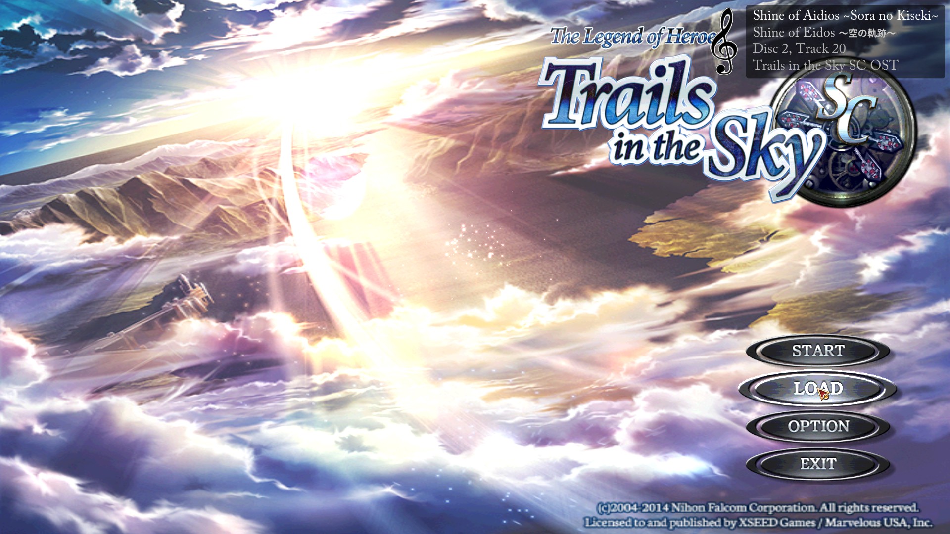 FalcomBGMInfo displaying track information over Trails in the Sky SC