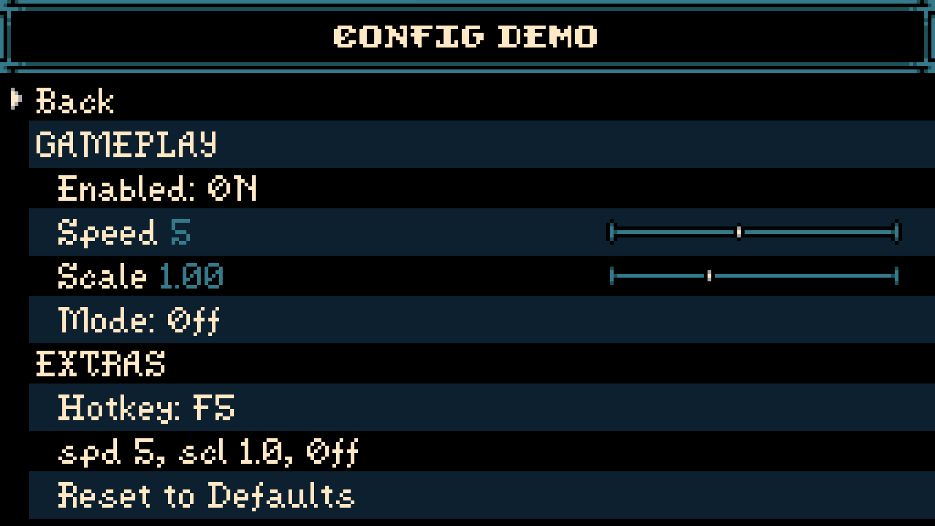 Mina native mod menu rendered by the game's own menu controls