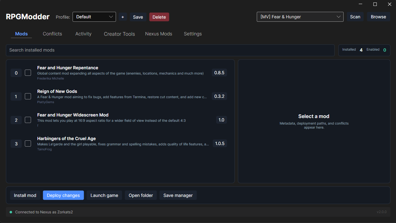RPGModder 2.0 Mods workspace with profiles, conflict navigation, and transactional deployment controls
