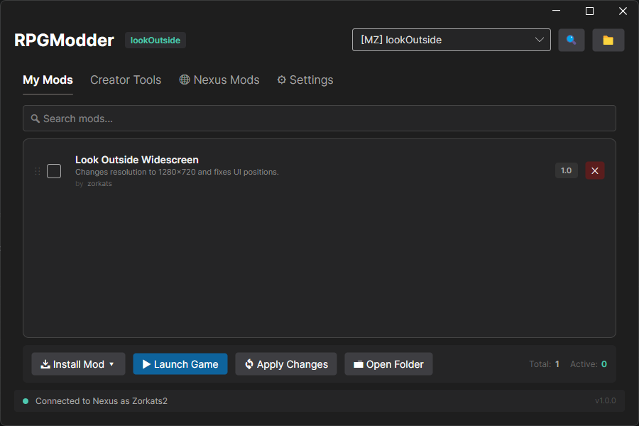 RPGModder deployment view managing mods for an RPG Maker game