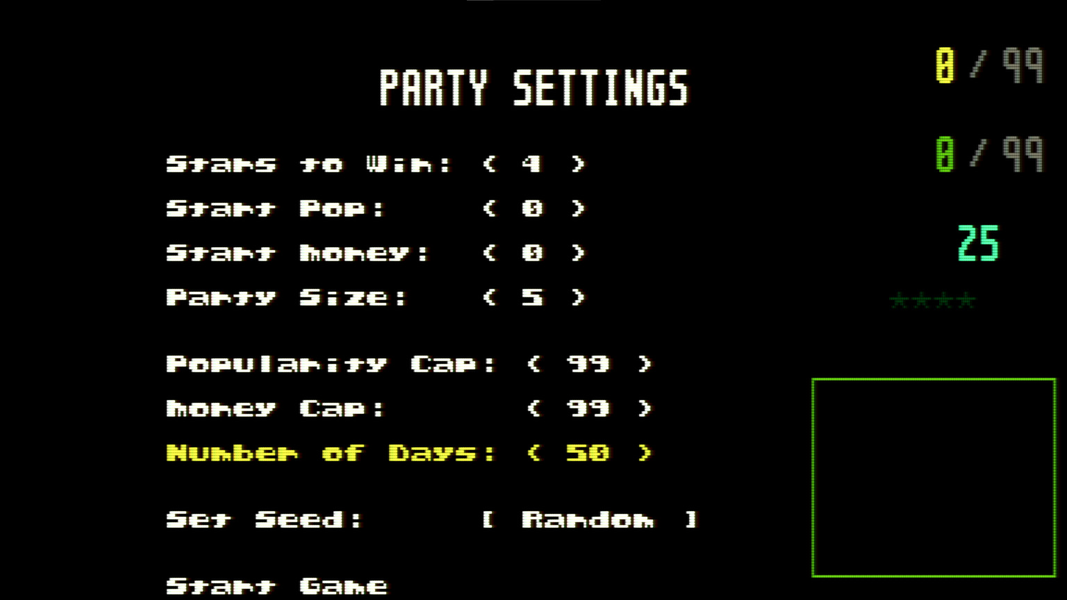 Party House Settings Menu extending UFO 50 with configurable game rules